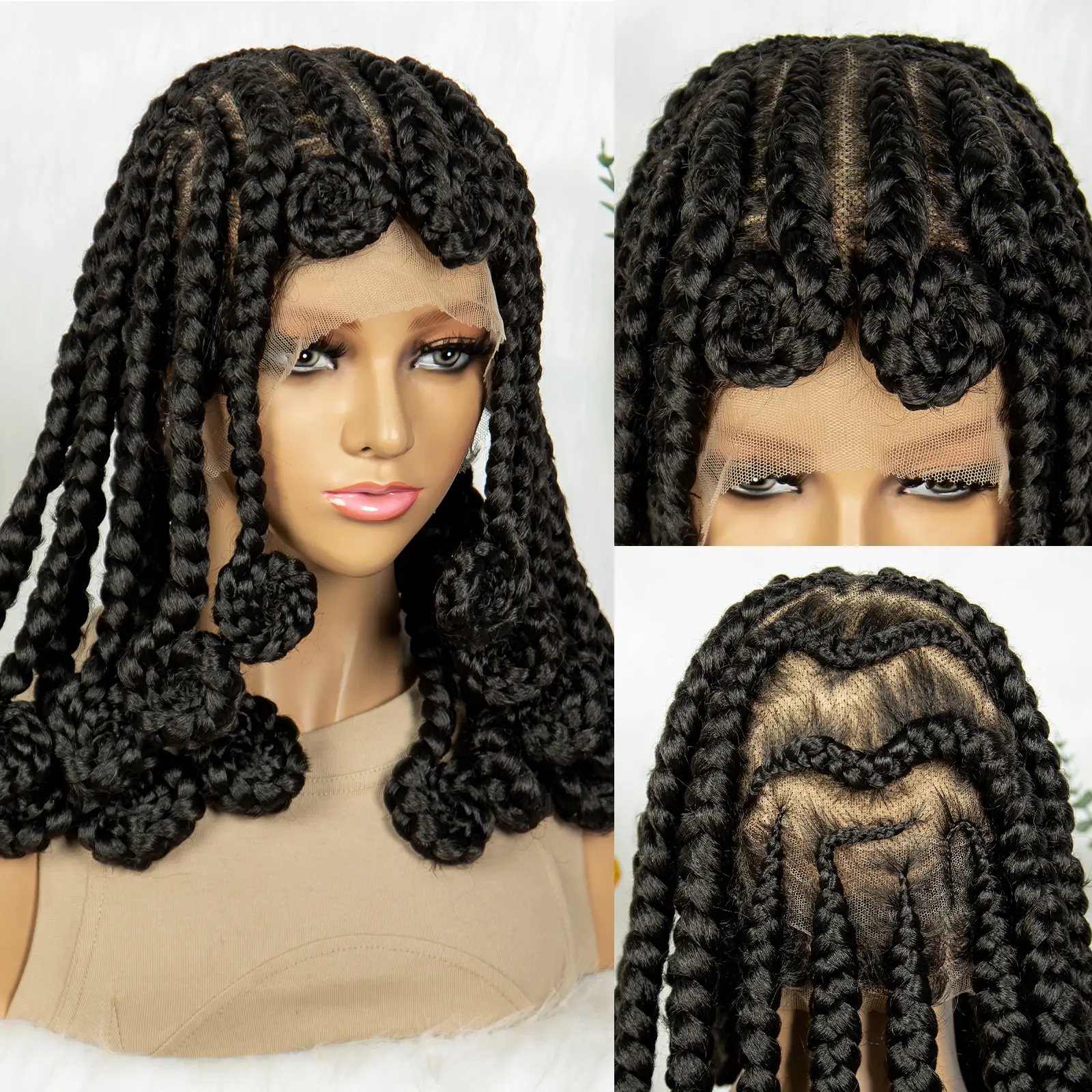 Handmade Bantu Braided Wigs Synthetic Full Lace Braided Lace Wig with Baby Hair Knotless Braids Wig Lace Frontal Braids Wigs