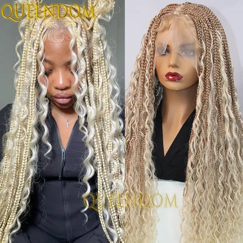 Synthetic Full Lace Bohemian Braid Wig 32 Inch Box Braids Goddess Wig With Curly Hair Ombre Blonde Gradation Cornrow Braided Wig