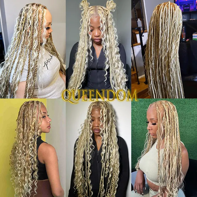 Synthetic Full Lace Bohemian Braid Wig 32 Inch Box Braids Goddess Wig With Curly Hair Ombre Blonde Gradation Cornrow Braided Wig
