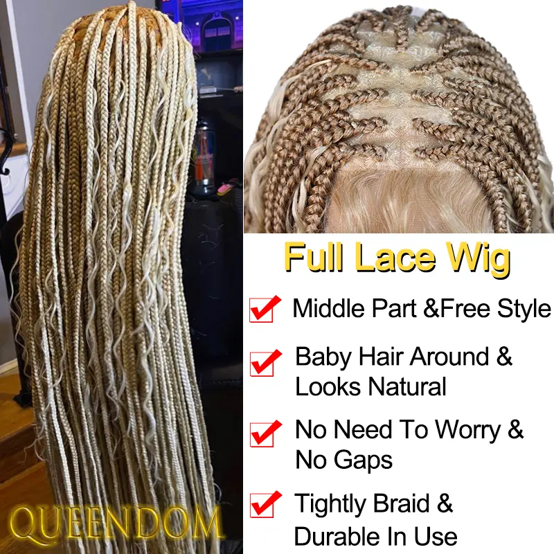 Synthetic Full Lace Bohemian Braid Wig 32 Inch Box Braids Goddess Wig With Curly Hair Ombre Blonde Gradation Cornrow Braided Wig