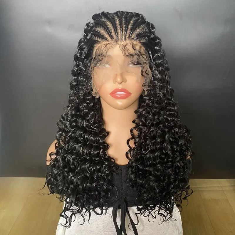 13x6 Lace Braided Synthetic Wig Deep Wave Transparent Lace Frontal With Baby Hair Kinky Curly For Black Women High Quality Wig