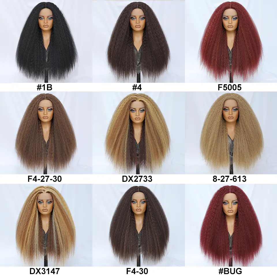 Kinky Straight Lace Front Wig T-Part 28Inch Synthetic 13x5x1 Long Lace Wigs Afro Yaki Straight Wigs Ombre Brown For Black Women