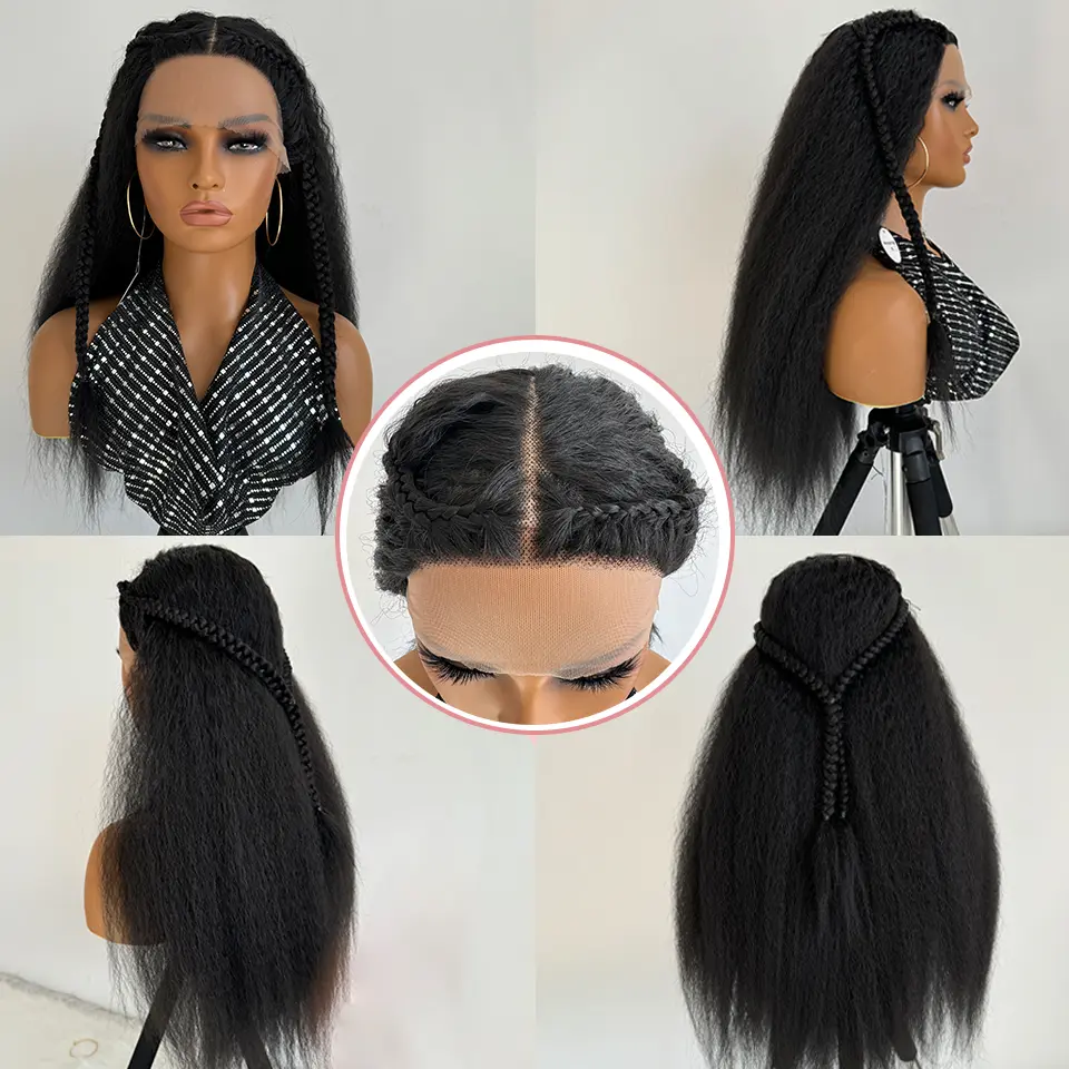 Kinky Straight Lace Front Wig T-Part 28Inch Synthetic 13x5x1 Long Lace Wigs Afro Yaki Straight Wigs Ombre Brown For Black Women