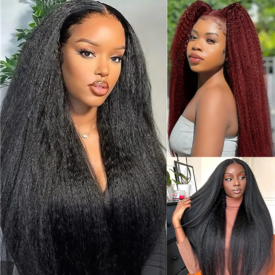 Kinky Straight Lace Front Wig T-Part 28Inch Synthetic 13x5x1 Long Lace Wigs Afro Yaki Straight Wigs Ombre Brown For Black Women