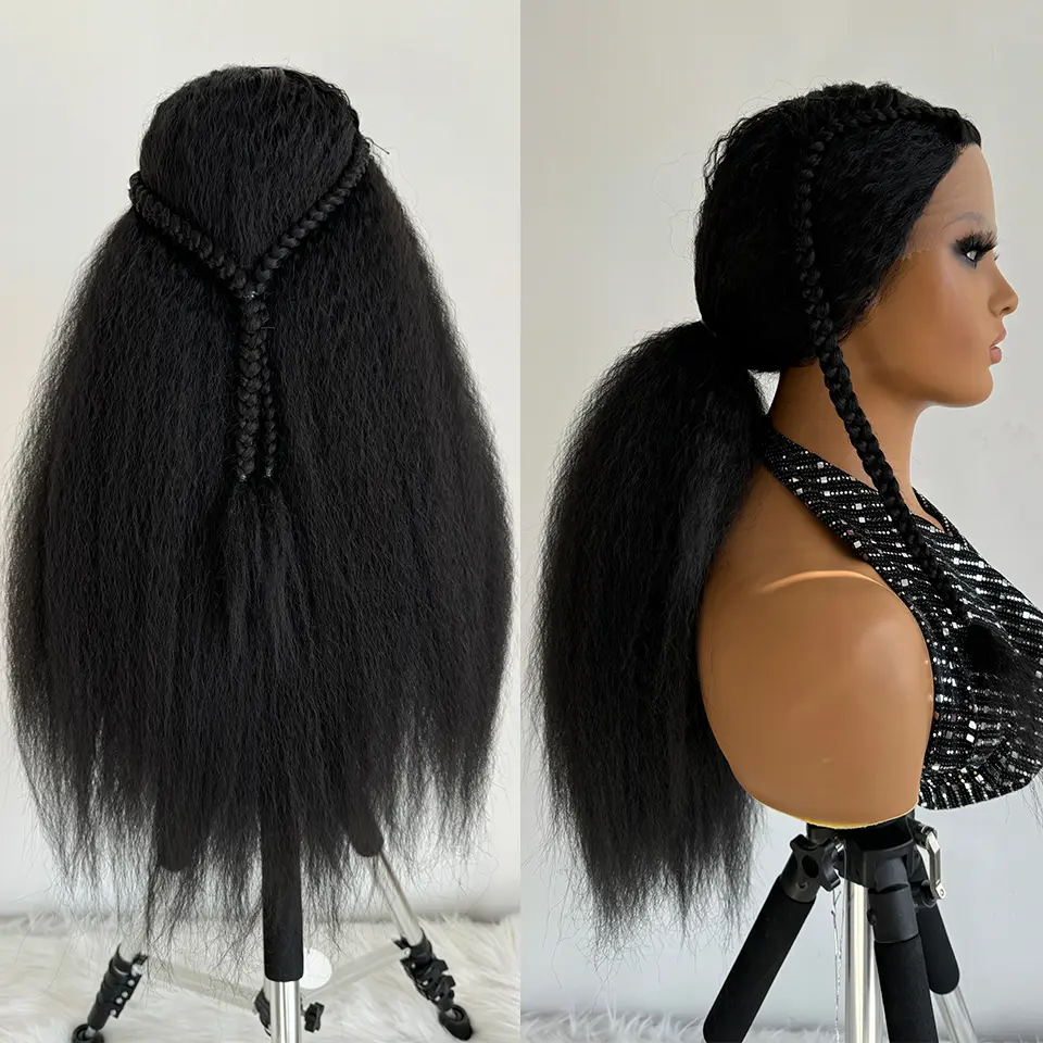 Kinky Straight Lace Front Wig T-Part 28Inch Synthetic 13x5x1 Long Lace Wigs Afro Yaki Straight Wigs Ombre Brown For Black Women