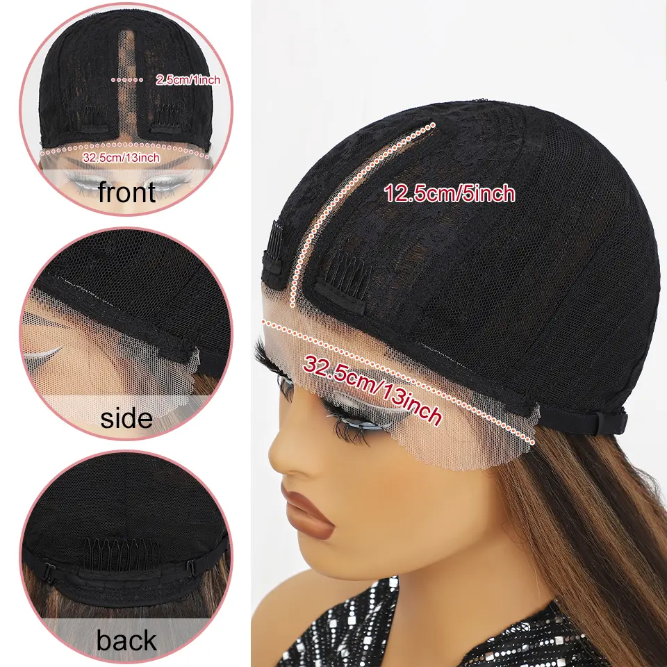 Kinky Straight Lace Front Wig T-Part 28Inch Synthetic 13x5x1 Long Lace Wigs Afro Yaki Straight Wigs Ombre Brown For Black Women