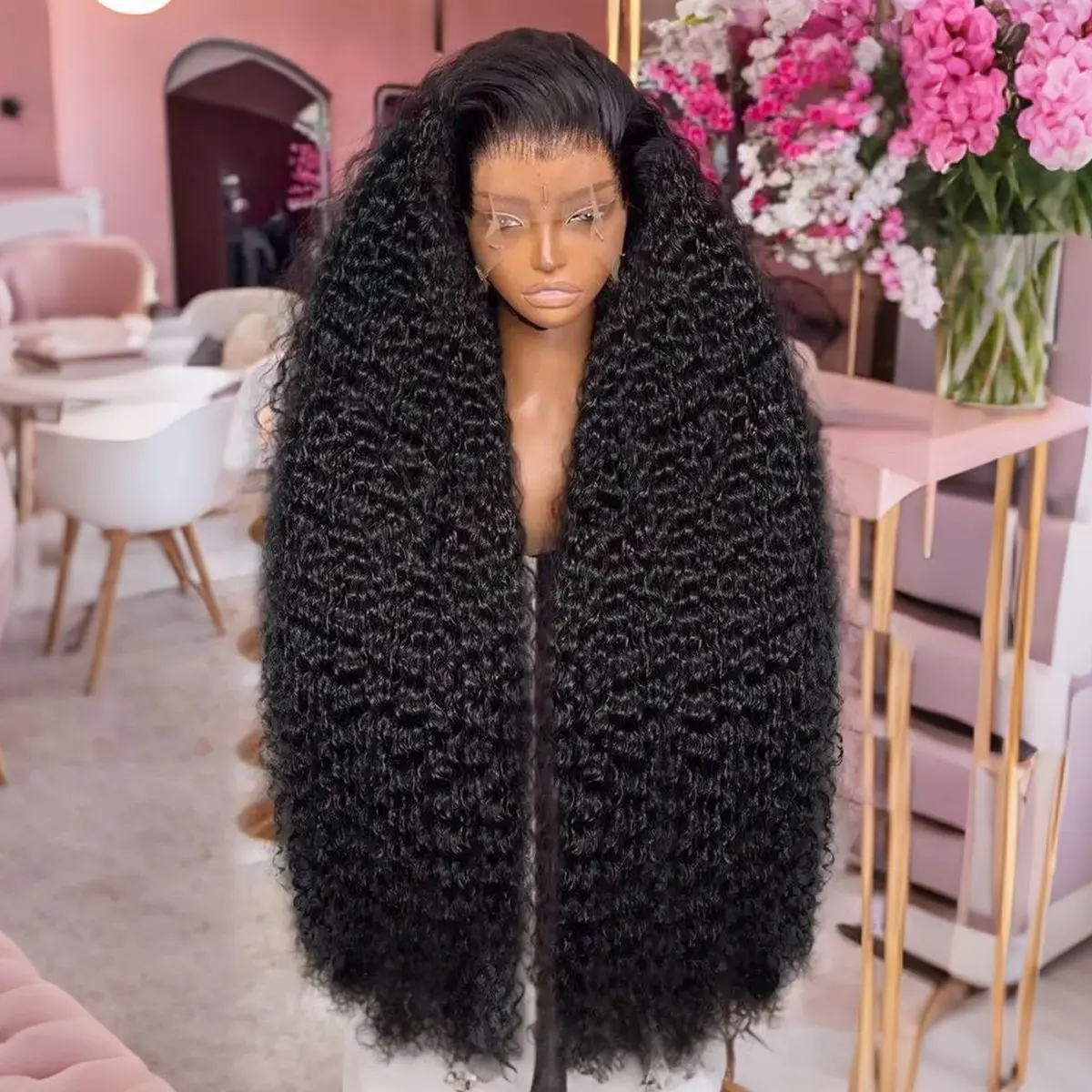 Kinky Curly 13X4 Lace Frontal Wig Black Color Synthetic Wigs For Black Women Preplucked With Baby Hair Bleach Knots Glueless
