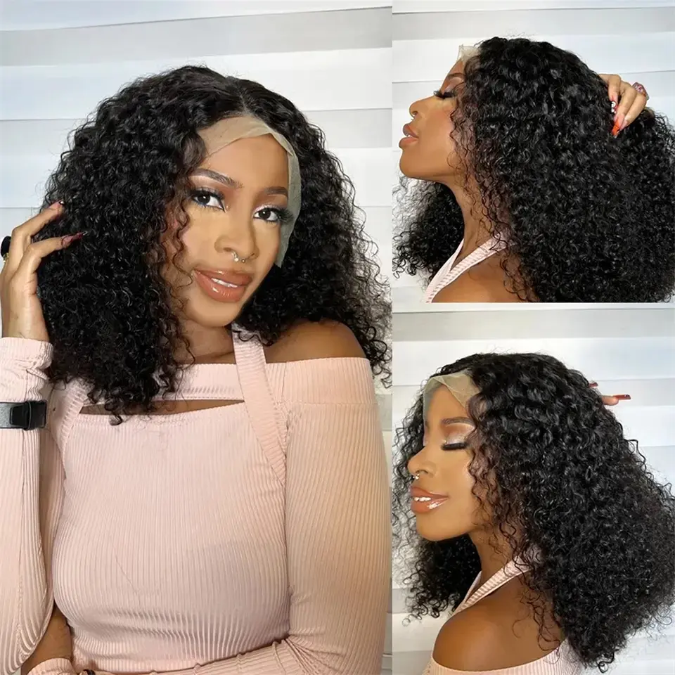 Short Bob Blunt Cut Jerry Curly Ponytails Black Color 13X4 HD Lace Frontal Synthetic Wigs Glueless Wig Preplucked With Baby Hair