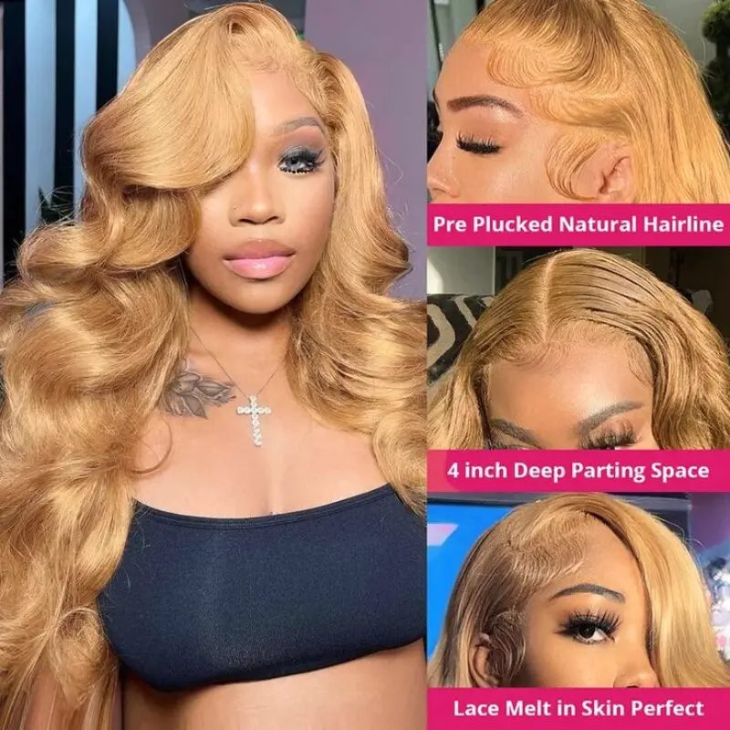 13X6 Honey Blonde Synthetic Lace Front Wig Pre Plucked With Baby Hair Long Body Wave Blonde Lace Front Wigs 180% Density Hair