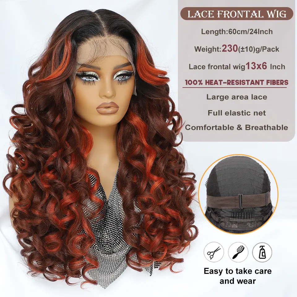 Latisha Synthetic HD Lace Front Wigs Curly Pre Plucked Lace Frontal Wig with Bangs for Women Highlight with Babyhair 13X6 13X5X1