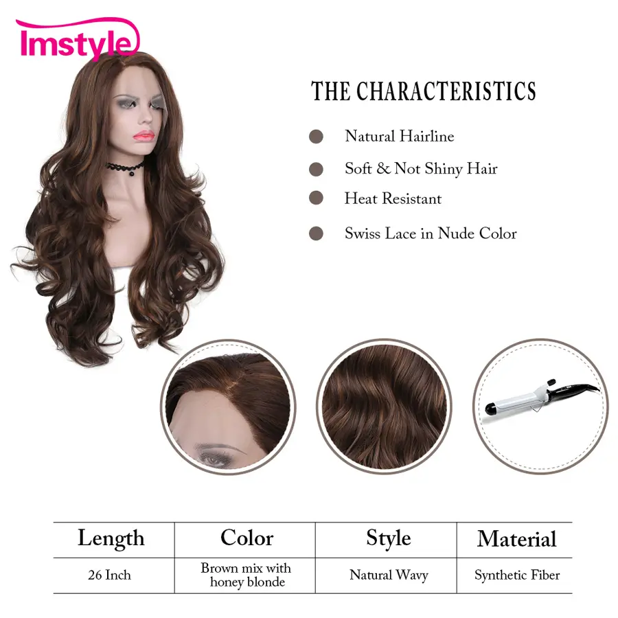 Imstyle Brown Wig Synthetic Lace Front Wigs For Women Long Wavy Wig Mixed Color Heat Resistant Fiber Natural Hairline Wig