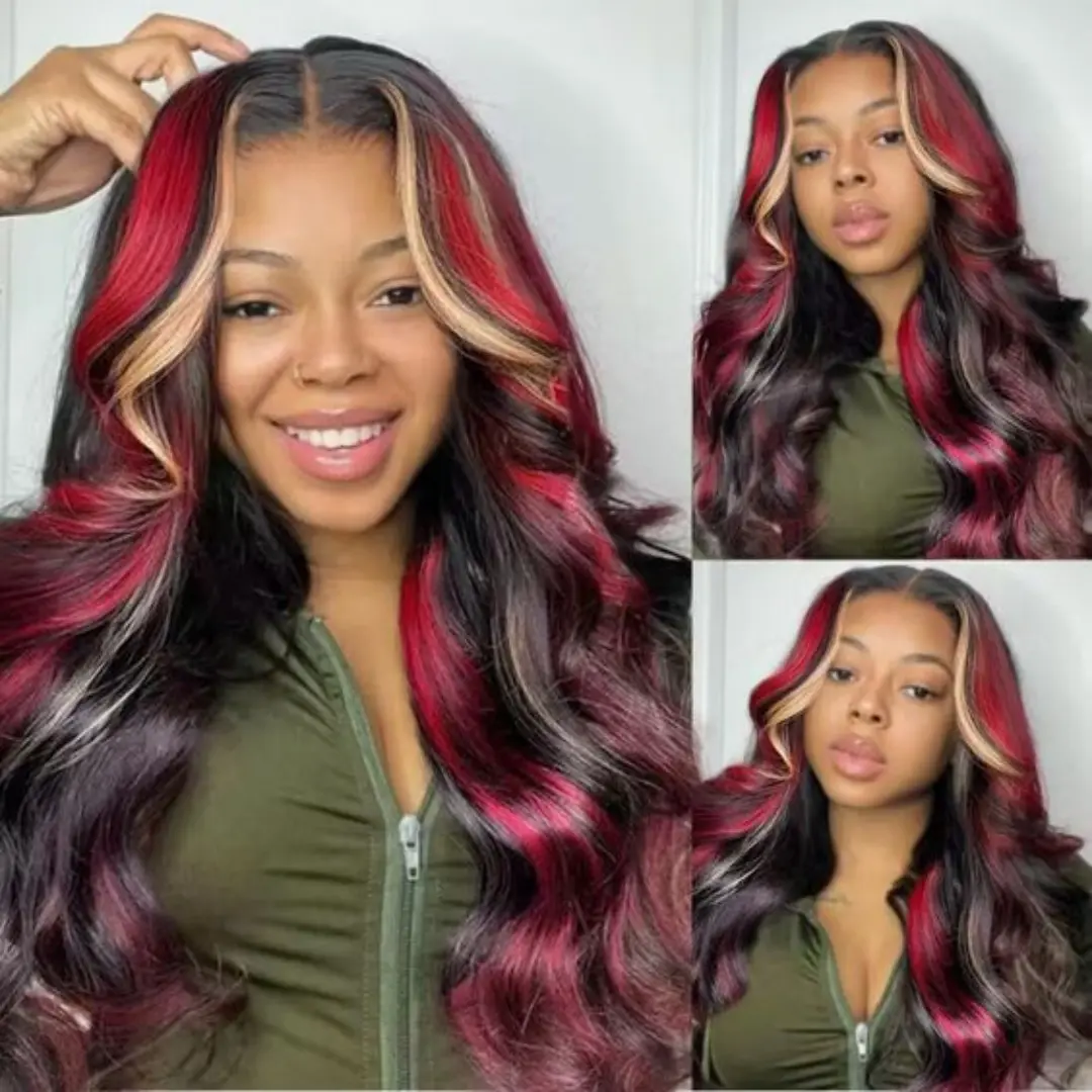 13X6 Lace Front Wig Highlight Black with Red Blonde Wig Synthetic 13x4 Lace Front Wigs Pre Plucked With Hairline Women's Wig