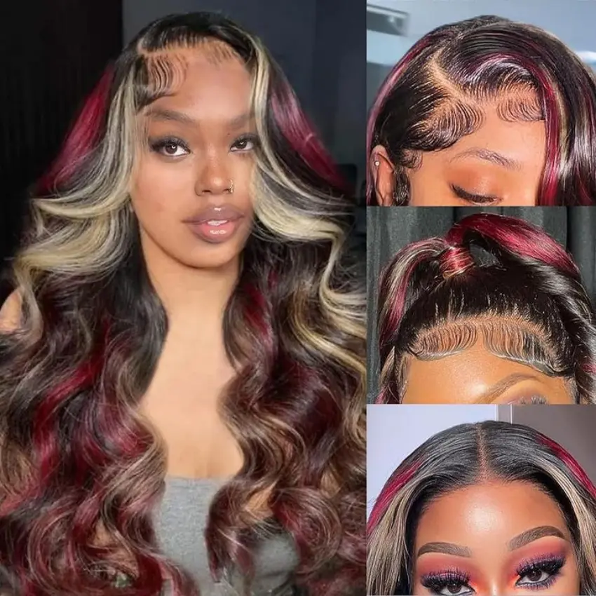 13X6 Lace Front Wig Highlight Black with Red Blonde Wig Synthetic 13x4 Lace Front Wigs Pre Plucked With Hairline Women's Wig