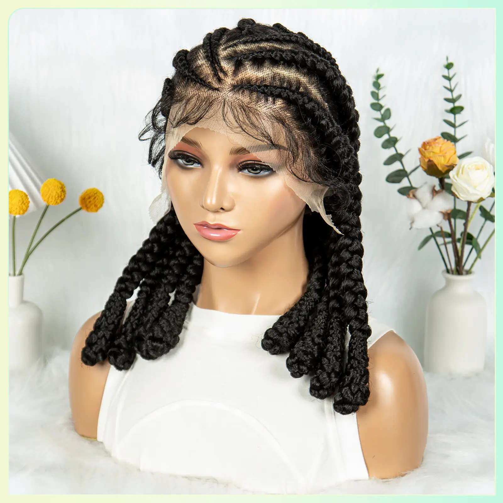 16inch Cornrow Braided Wig Knotless Lace Frontal Braids Wig Synthetic Full Lace Braided Wigs with Baby Hair for Black Women