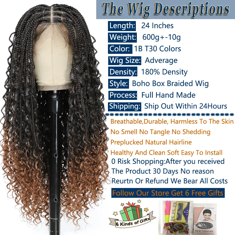 Ombre Boho Knotless Braided Wigs for Black Women 1B T30 Colors Bohemian Box Braids Wigs Perruques Tresses Africaines Naturelles