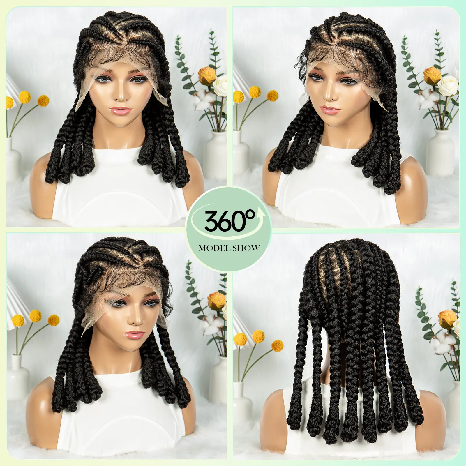 16inch Cornrow Braided Wig Knotless Lace Frontal Braids Wig Synthetic Full Lace Braided Wigs with Baby Hair for Black Women