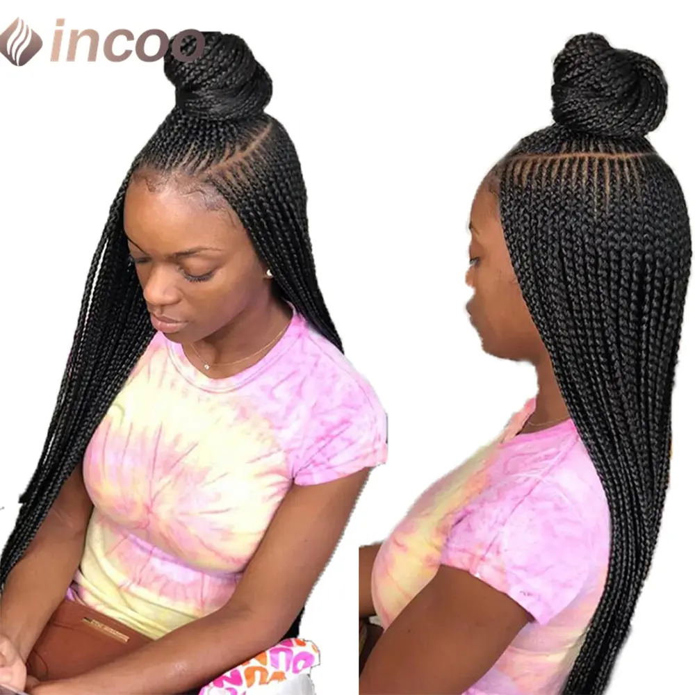36" Side Part Corncow Braided Wigs Synthetic Full Lace Wigs For Black Women Knotless Box Braiding Hair Wig