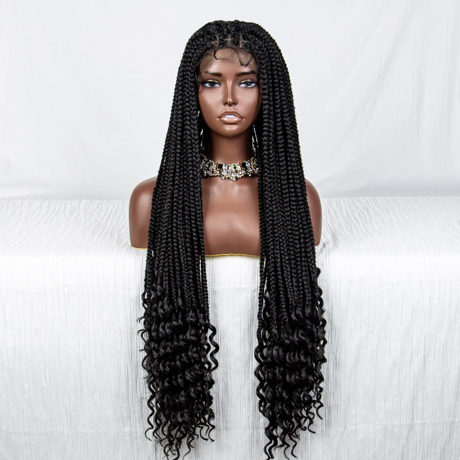 Full Lace Synthetic Box Braided Wig With Curly Ends 36 Inches Long Box Braiding Wig Straight Cornrow Braids Curly Ends Wig