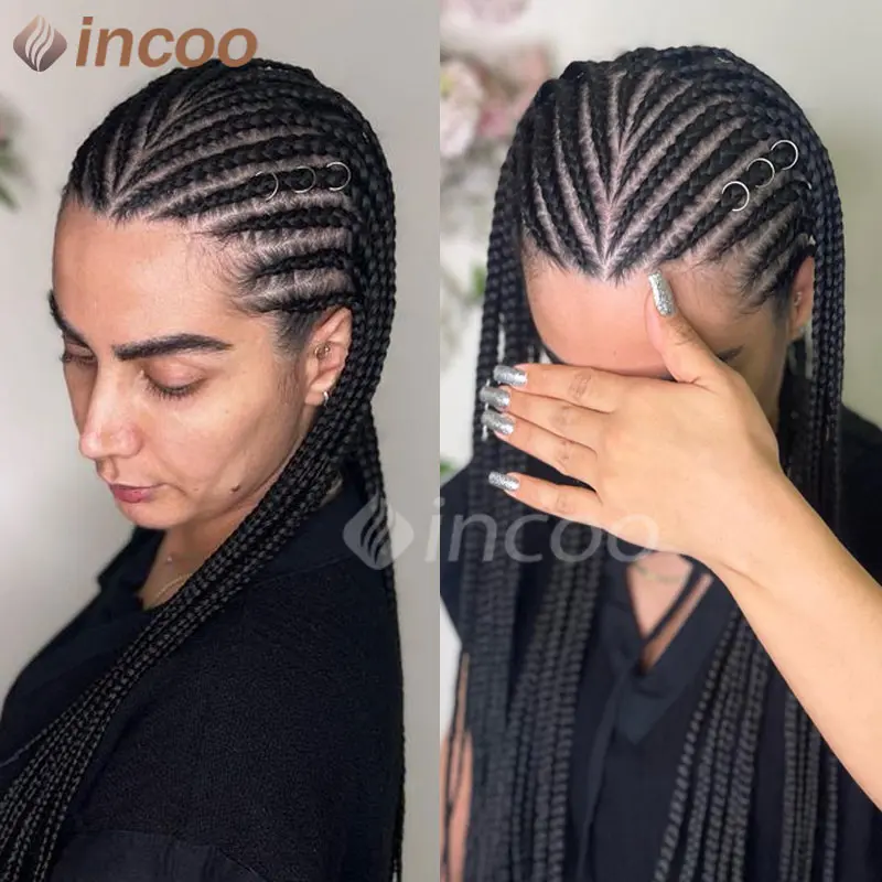 Synthetic Cornrow Box Braided Wig 36" Full Lace Front Wigs Tribal Braids Wig Jumbo Box Braid Wig Knotless Faux Locs Braiding Wig