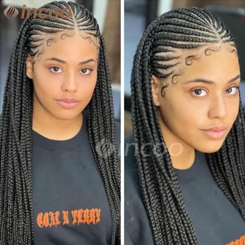 Synthetic Cornrow Box Braided Wig 36" Full Lace Front Wigs Tribal Braids Wig Jumbo Box Braid Wig Knotless Faux Locs Braiding Wig