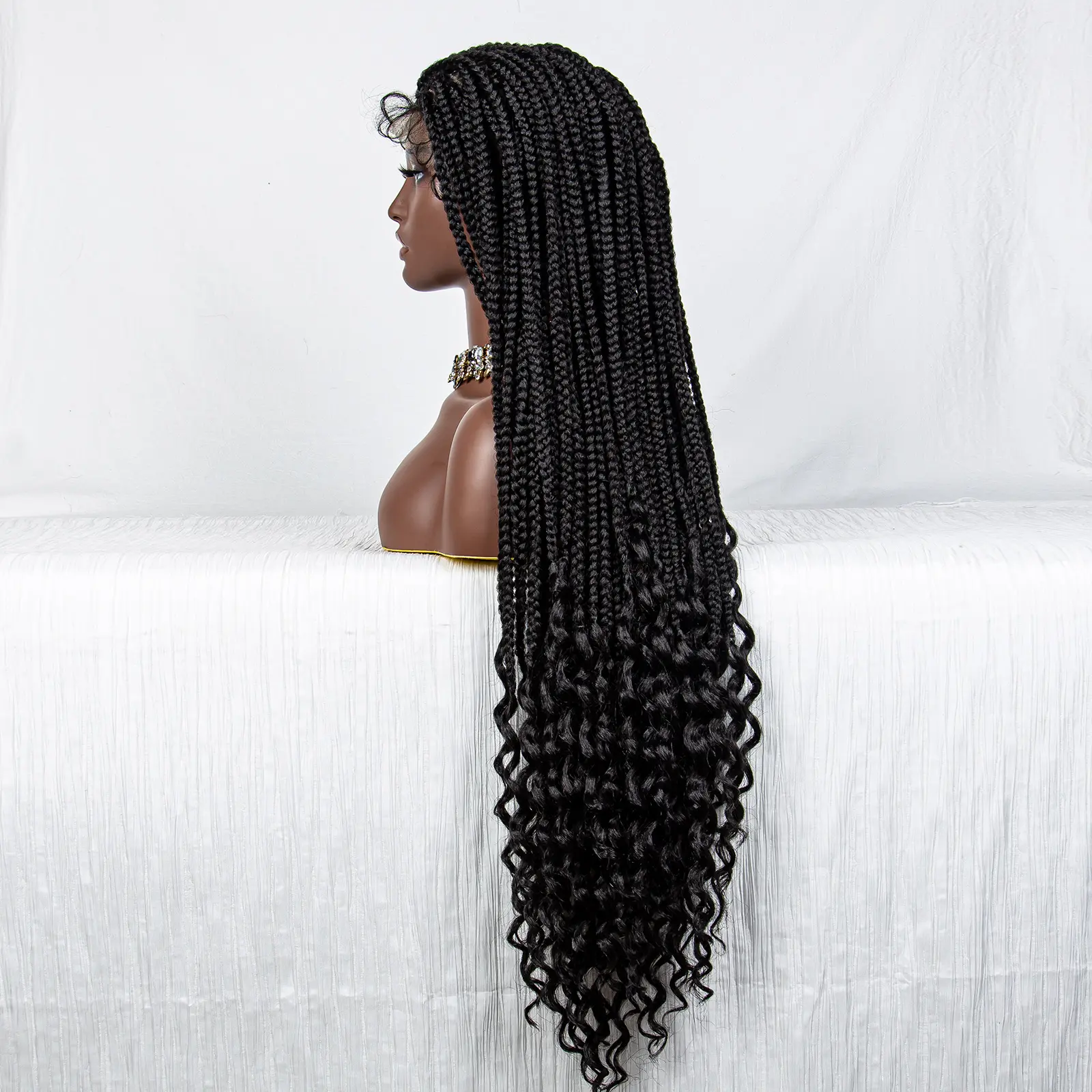 Full Lace Synthetic Box Braided Wig With Curly Ends 36 Inches Long Box Braiding Wig Straight Cornrow Braids Curly Ends Wig