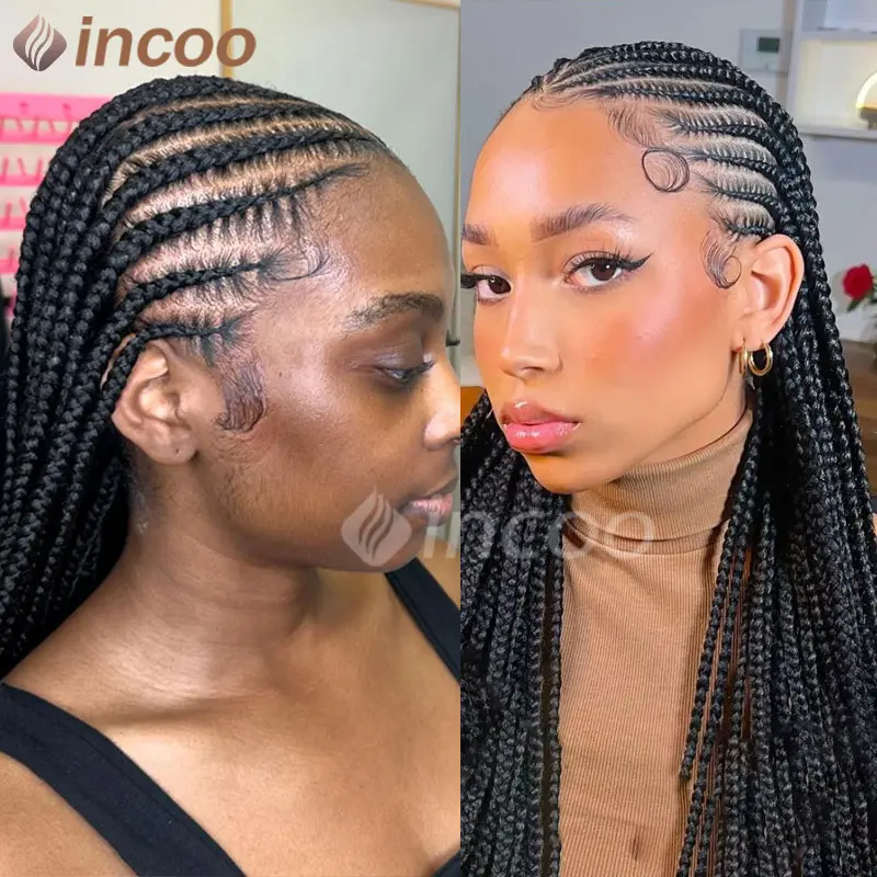 Synthetic Cornrow Box Braided Wig 36" Full Lace Front Wigs Tribal Braids Wig Jumbo Box Braid Wig Knotless Faux Locs Braiding Wig