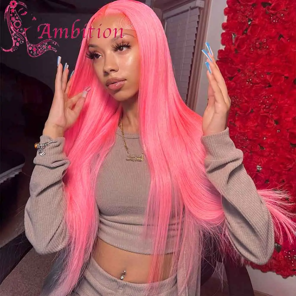 Rose Pink Color Straight Glueless 13x6 Lace Front Wigs Preplucked high heat Resistant Synthetic fiber Lace Hair Wig for women