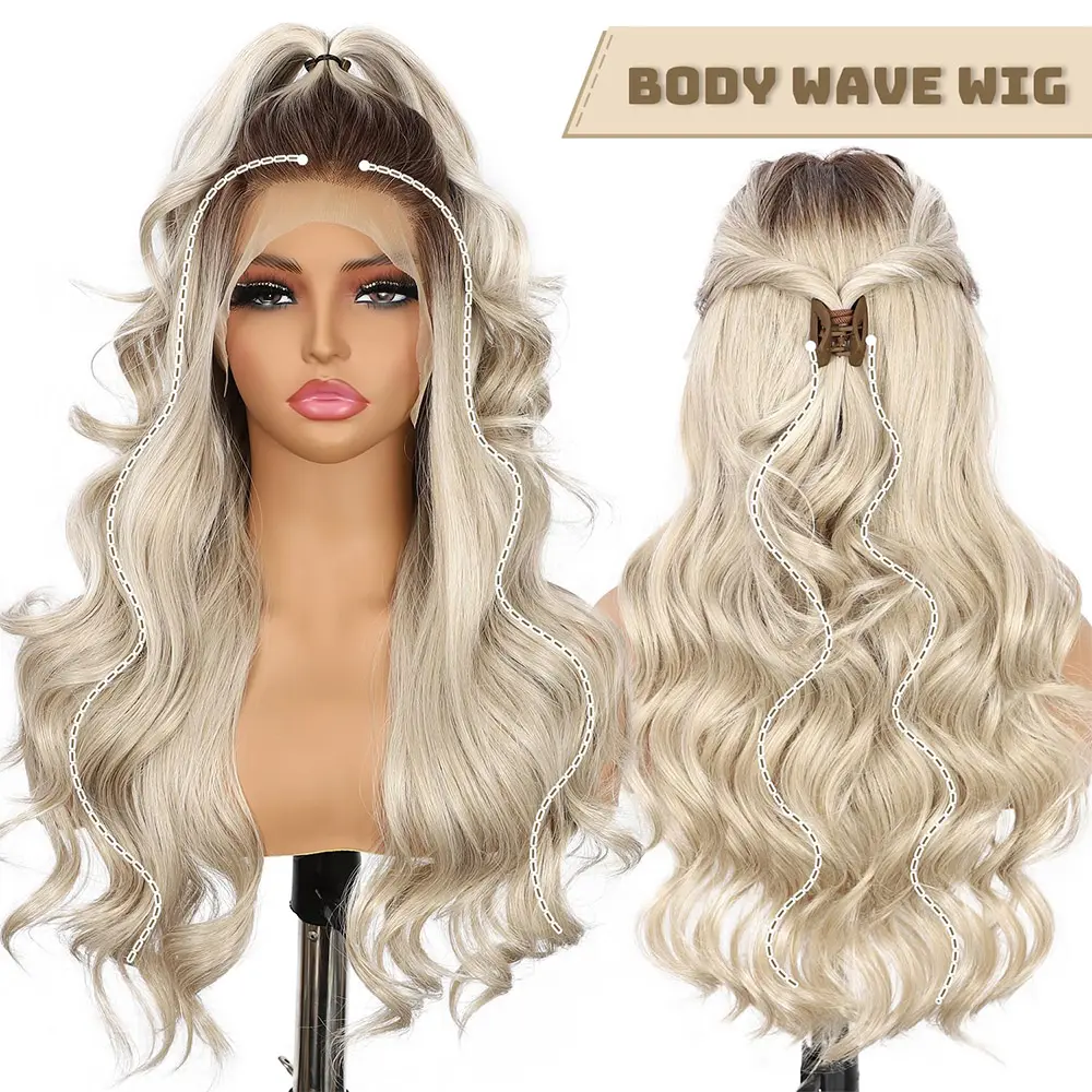 Ash Blonde Loose Wave Lace Front Wigs Dark Roots 13x4 Synthetic Colored Transparent Lace Ombre Curly Wig for Women Daily Use