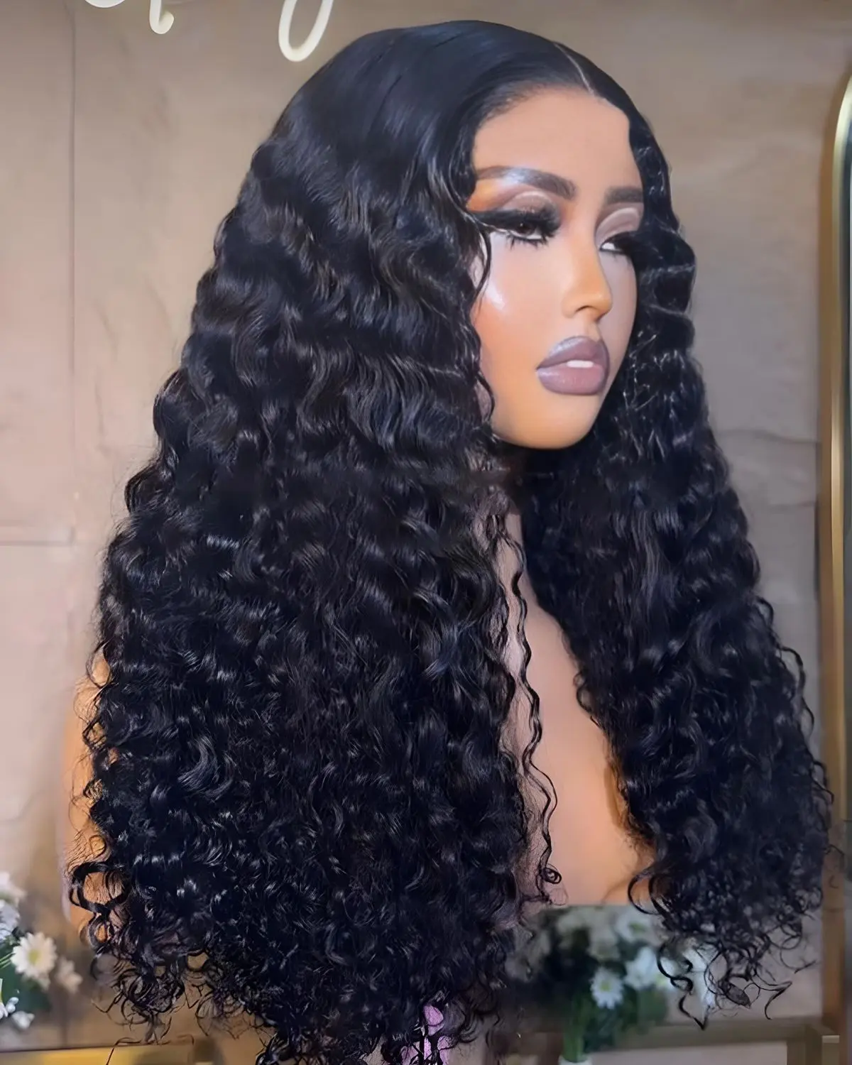 13X4 Lace Frontal Synthetic Long Wig For Black Women Deep Wave Natural Black Color Wet And Wavy Hairline Preplucked Cosplay
