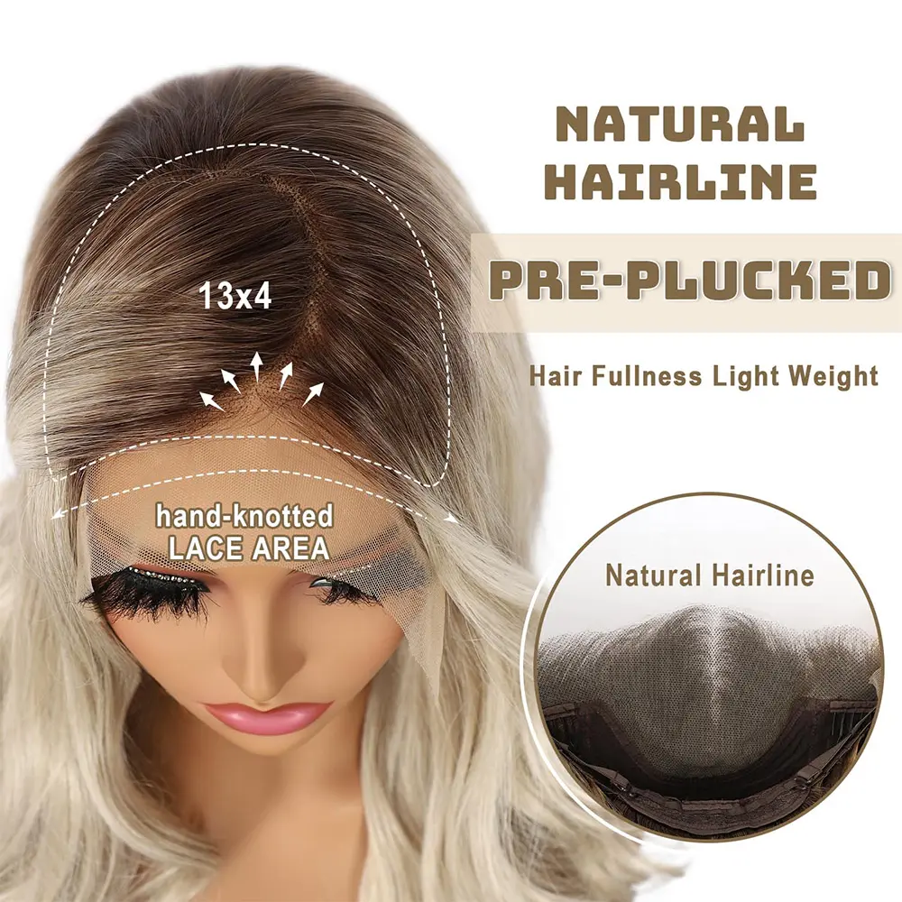 Ash Blonde Loose Wave Lace Front Wigs Dark Roots 13x4 Synthetic Colored Transparent Lace Ombre Curly Wig for Women Daily Use