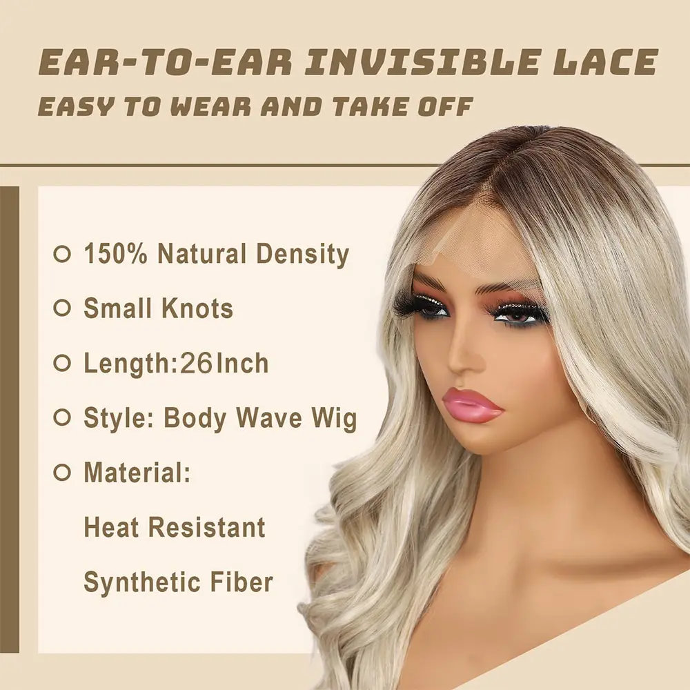 Ash Blonde Loose Wave Lace Front Wigs Dark Roots 13x4 Synthetic Colored Transparent Lace Ombre Curly Wig for Women Daily Use