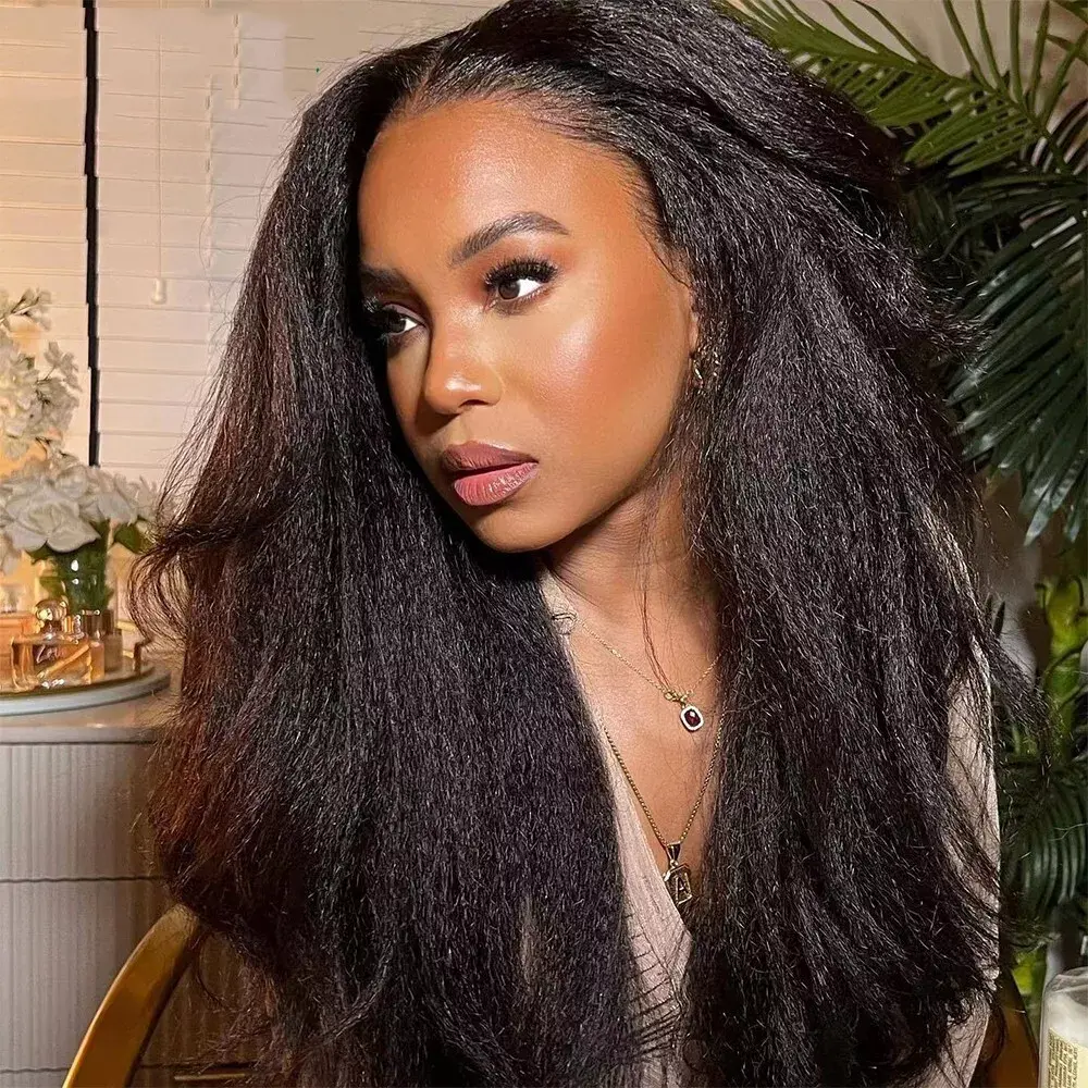 26'' 180Density Black Yaki Kinky Straight Body Wave 13*4 Lace Front Wigs For Women With Baby Hair Natural Hairline Good Texture