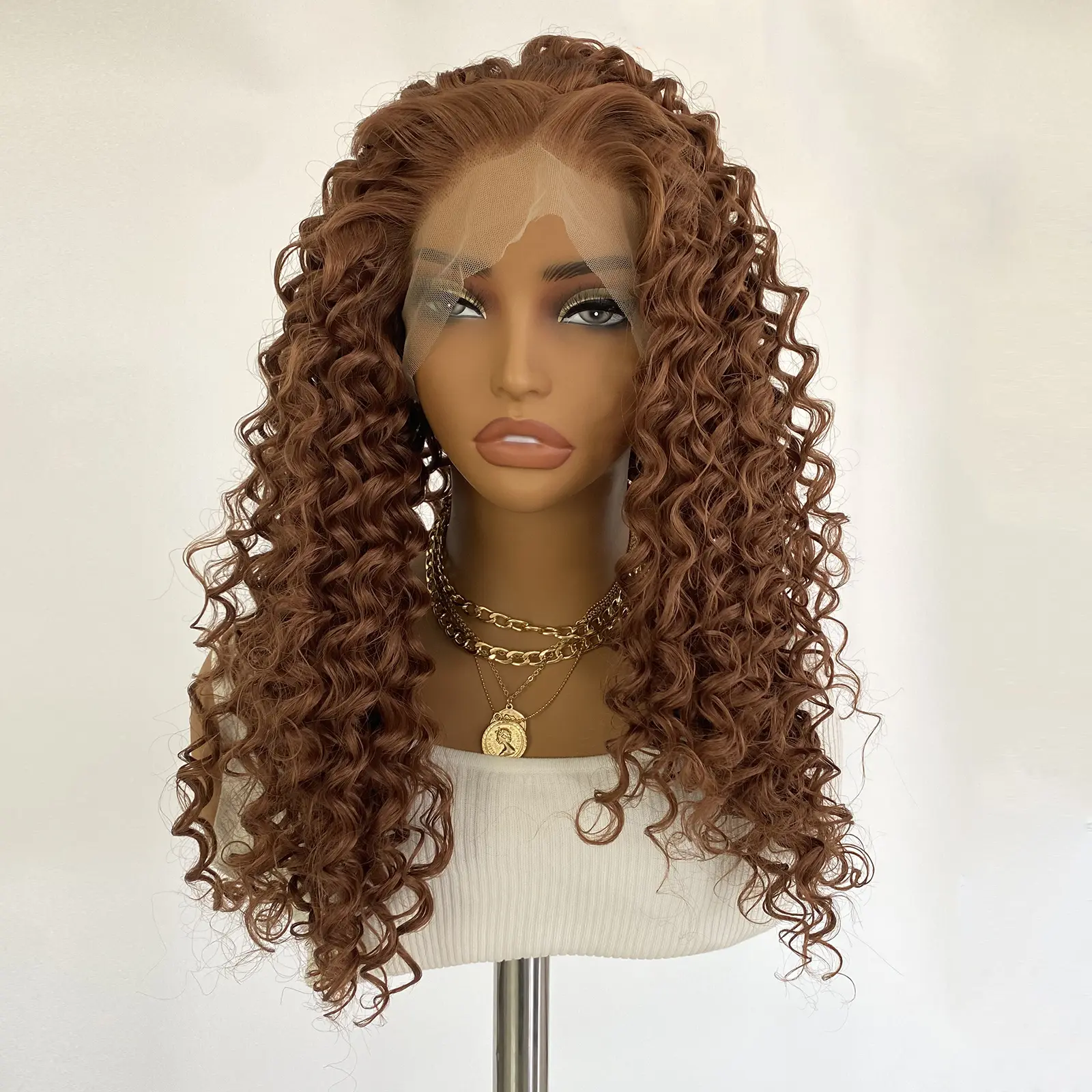 13X4 Brown Lace Front Wig Long Deep Curly Synthetic Hair Glueless Daily Wear Wig for Women Heat Resistant Merida Cosplay Wig