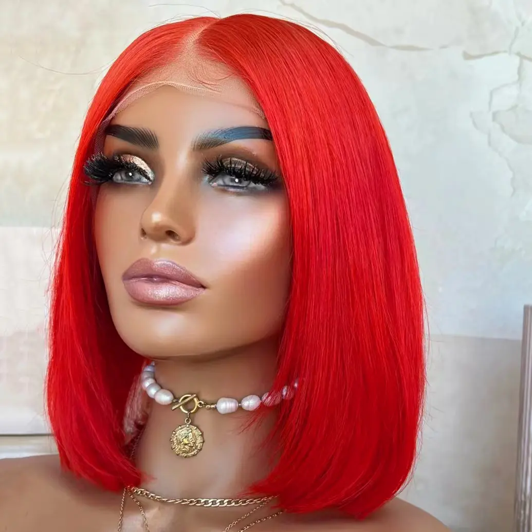 AIMEYA Hot Red Bob Wigs for Women Girls Heat Resistant Natural Straight Short Lace Front Wig Synthetic Hair Daily Wear BOB Wig