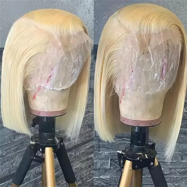 Short Bob Cut Blunt 613 Honey Blonde Color Synthetic 13X4 Lace Front Wig For Women Straight Preplucked Bleach Knots Soft Cosplay