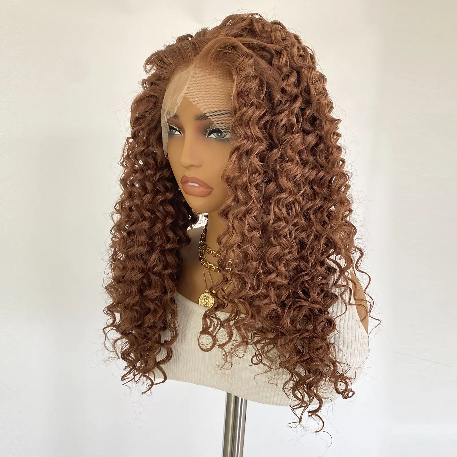 13X4 Brown Lace Front Wig Long Deep Curly Synthetic Hair Glueless Daily Wear Wig for Women Heat Resistant Merida Cosplay Wig