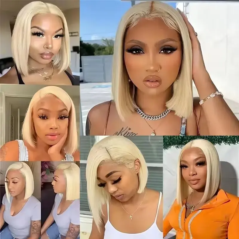 Short Bob Cut Blunt 613 Honey Blonde Color Synthetic 13X4 Lace Front Wig For Women Straight Preplucked Bleach Knots Soft Cosplay