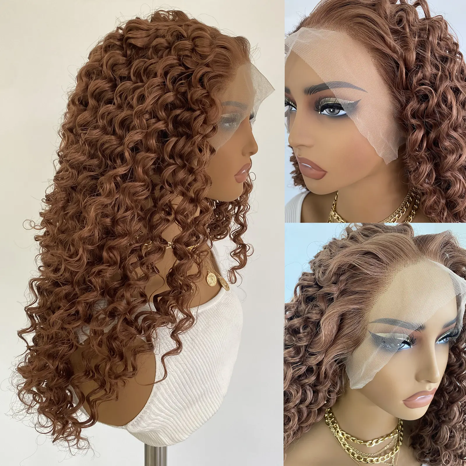 13X4 Brown Lace Front Wig Long Deep Curly Synthetic Hair Glueless Daily Wear Wig for Women Heat Resistant Merida Cosplay Wig