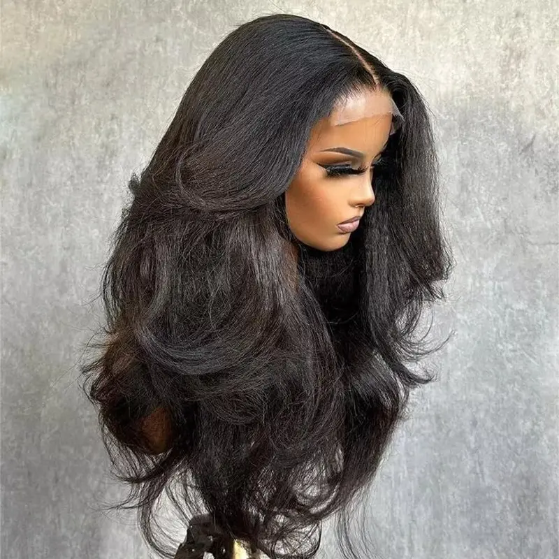 26'' 180Density Black Yaki Kinky Straight Body Wave 13*4 Lace Front Wigs For Women With Baby Hair Natural Hairline Good Texture