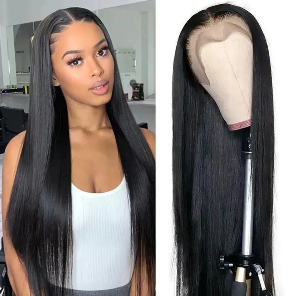 Black Straight 180% Density 13X6 HD Lace Front Wigs Synthetic Wig Preplucked Bleached Knots 180% Density Glueless Wig