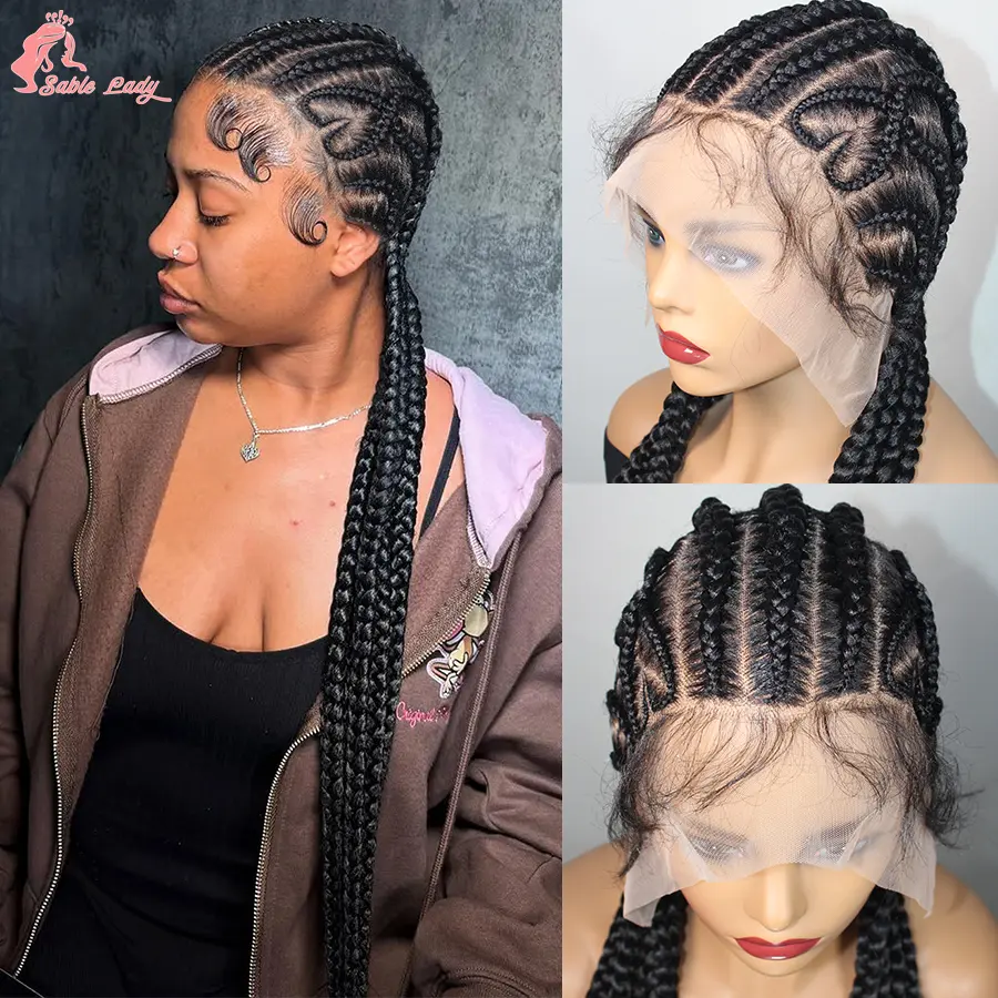 Fulani 32Inch Synthetic Full Lace Braided Wigs Cornrow Braids With Baby Hair Knotless Box Handmade Braids Wigs For Black Women