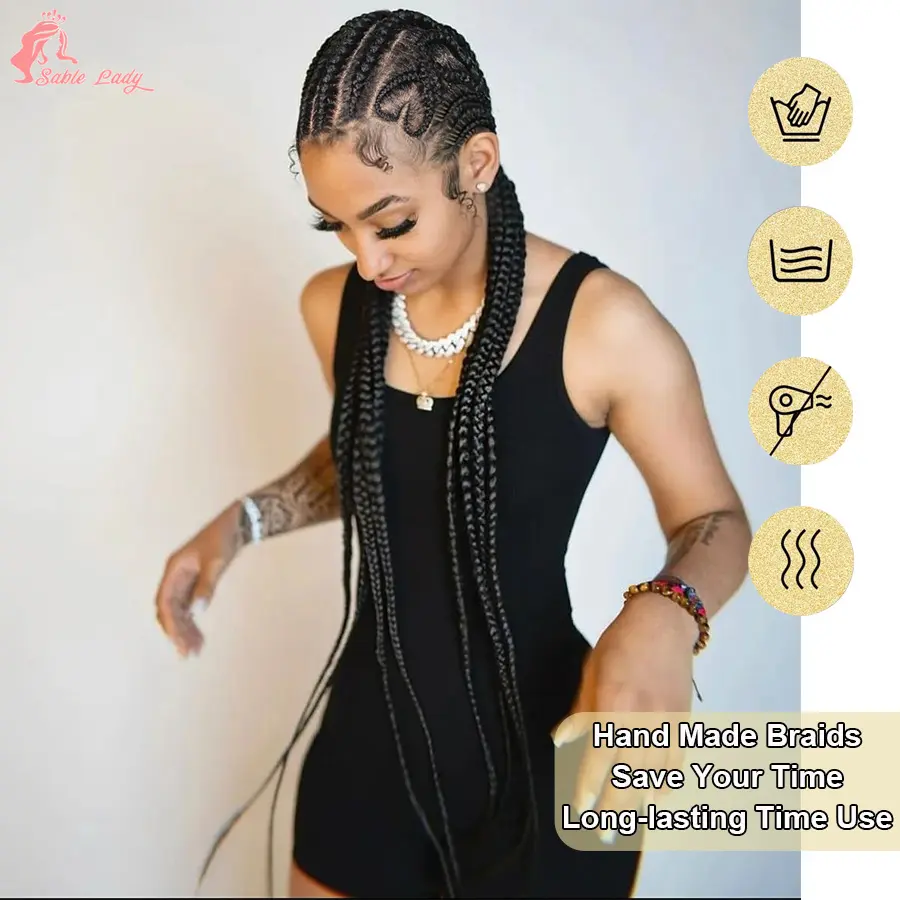 Fulani 32Inch Synthetic Full Lace Braided Wigs Cornrow Braids With Baby Hair Knotless Box Handmade Braids Wigs For Black Women