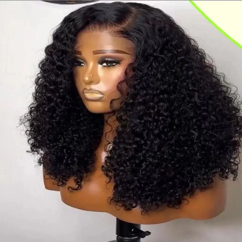 Deep Wave Short Bob Cut Natural Black Color 13X4 Lace Front Synthetic Wig For Black Women Prepluck Hairline Cosplay Daily Party