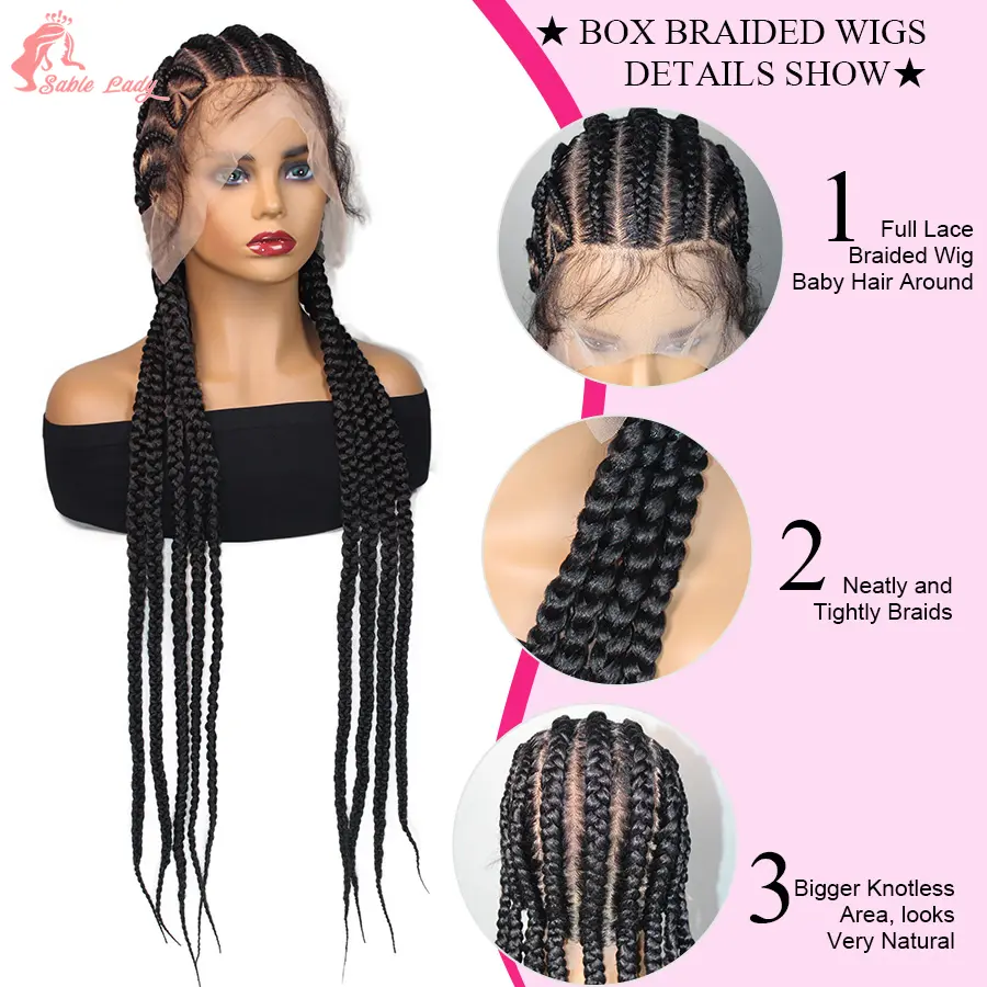 Fulani 32Inch Synthetic Full Lace Braided Wigs Cornrow Braids With Baby Hair Knotless Box Handmade Braids Wigs For Black Women