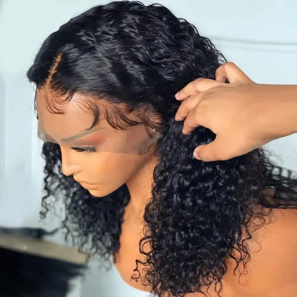 Deep Wave Short Bob Cut Natural Black Color 13X4 Lace Front Synthetic Wig For Black Women Prepluck Hairline Cosplay Daily Party