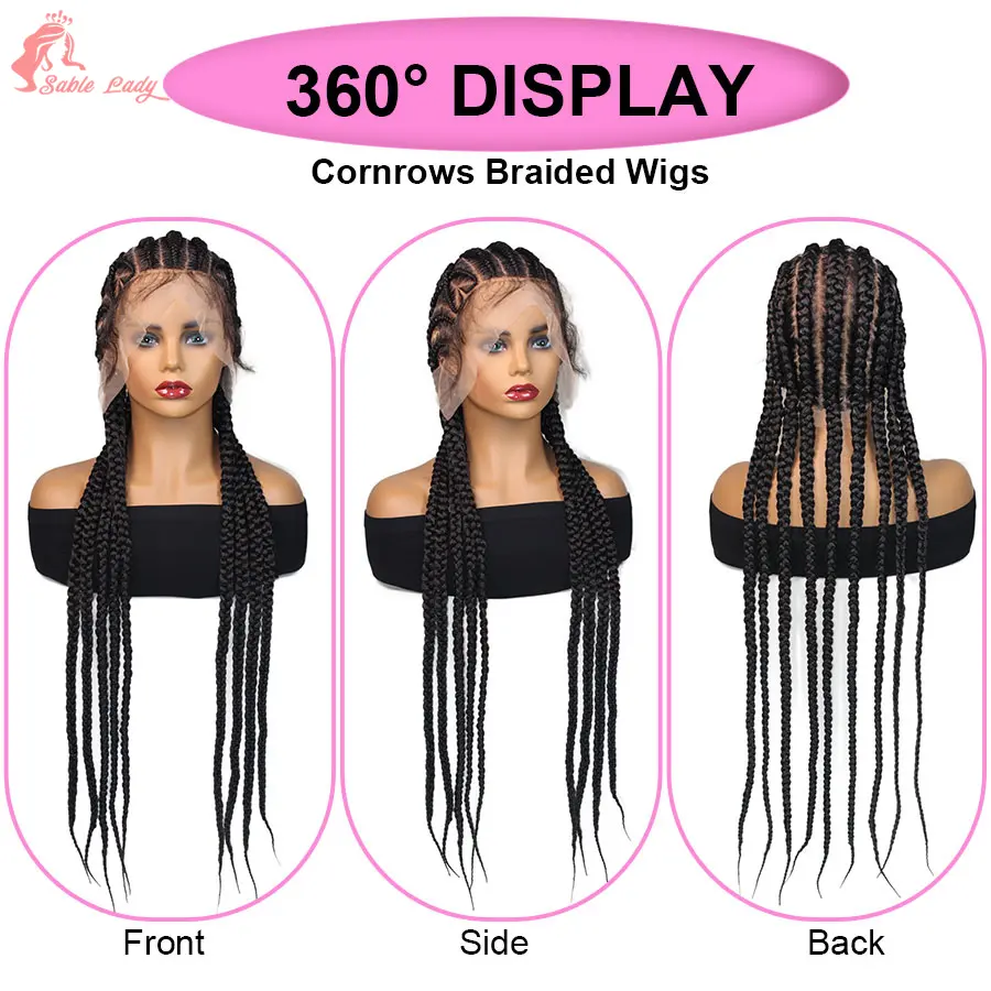 Fulani 32Inch Synthetic Full Lace Braided Wigs Cornrow Braids With Baby Hair Knotless Box Handmade Braids Wigs For Black Women
