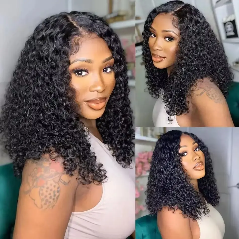 Deep Wave Short Bob Cut Natural Black Color 13X4 Lace Front Synthetic Wig For Black Women Prepluck Hairline Cosplay Daily Party