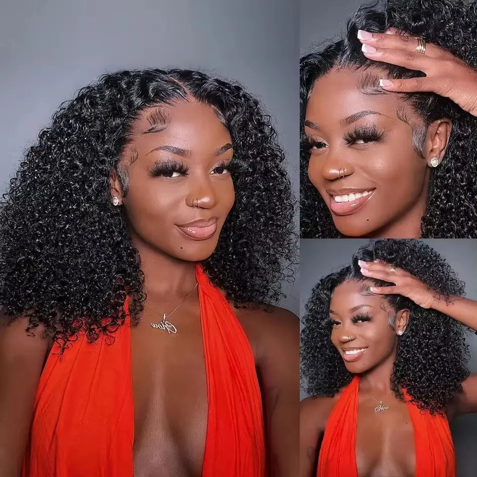 Deep Wave Short Bob Cut Natural Black Color 13X4 Lace Front Synthetic Wig For Black Women Prepluck Hairline Cosplay Daily Party