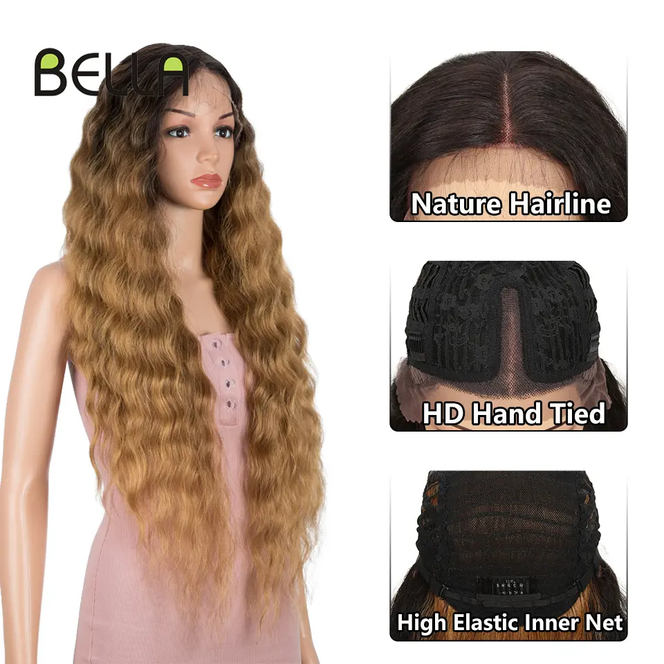 FASHION IDOL Lace Wigs Synthetic Deep Wave Curly Synthetic Lace Front Wig Blonde Wig Cosplay Pink 30 Inch Hair Wigs For Women
