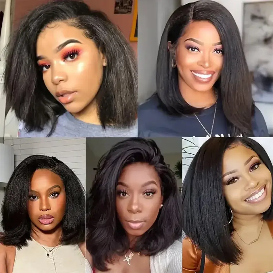 13*4 Short Bob 12Inch Black Soft 180% Density Glueless Yaki Kinky Straight Lace Front Wig For Women With Baby Hair Preplucked